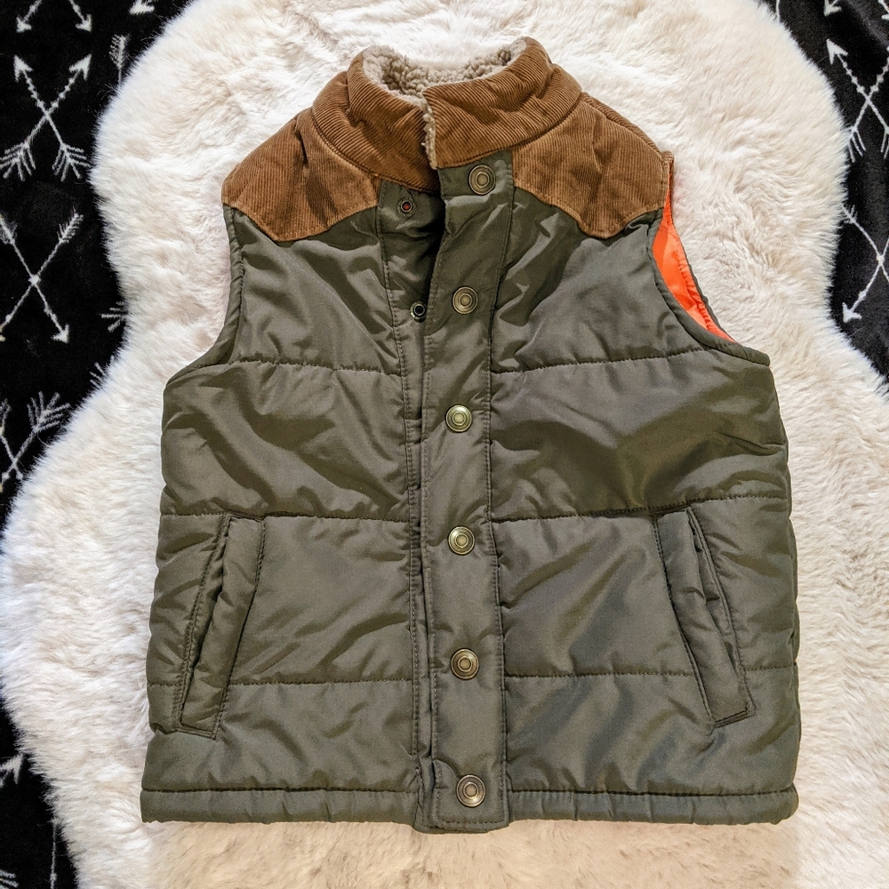 Boys Puffer Vest Khaki Green and Orange